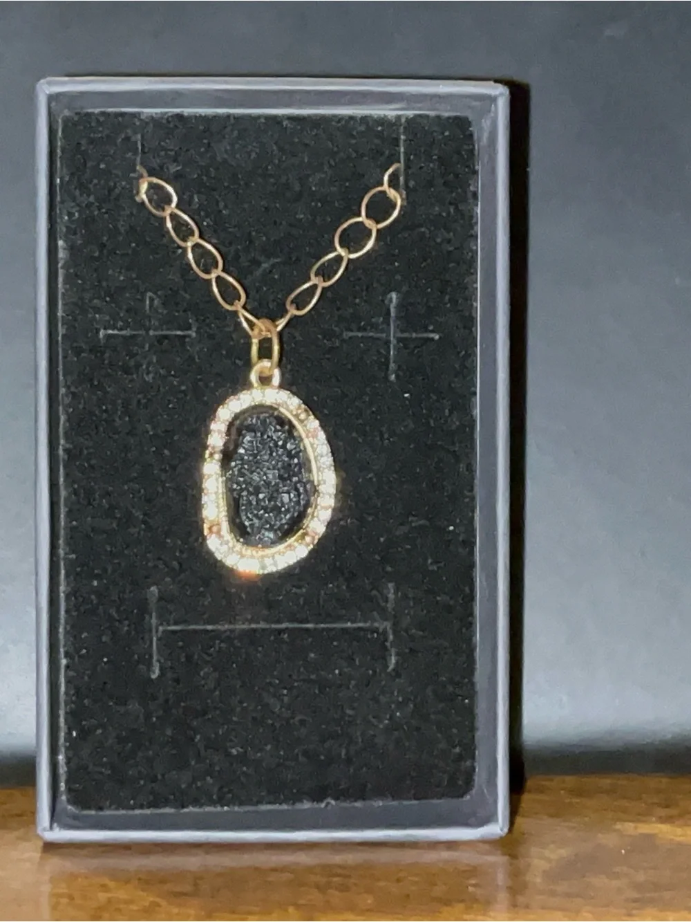 Gold-Tone Black Druzy Pendant Necklace with Crystal Accent